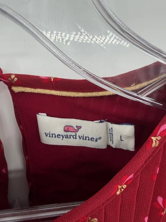 Vineyard Vines Girl's Pleated Long Sleeve Dress - Red/Gold - Large - Picture 4 of 10